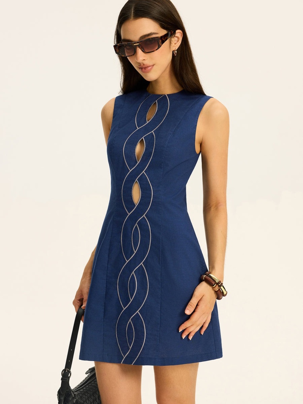 Commense Linen & Cotton Cut-Out Contrast-Stitch Mini Dress size S